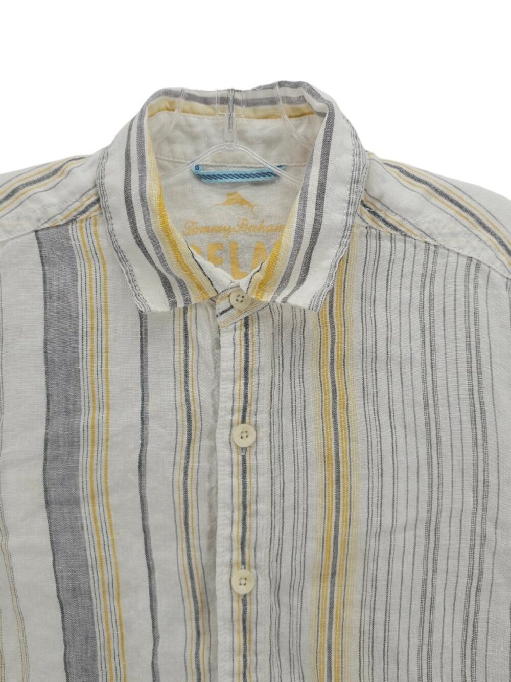 TOMMY BAHAMA 100% Linen Gray Yellow White Striped Woven Long Sleeve Shirt SMALL